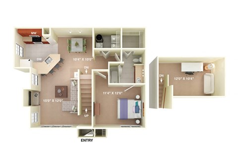 Floor plan for 1 bed, 1 bath, 919 sqft